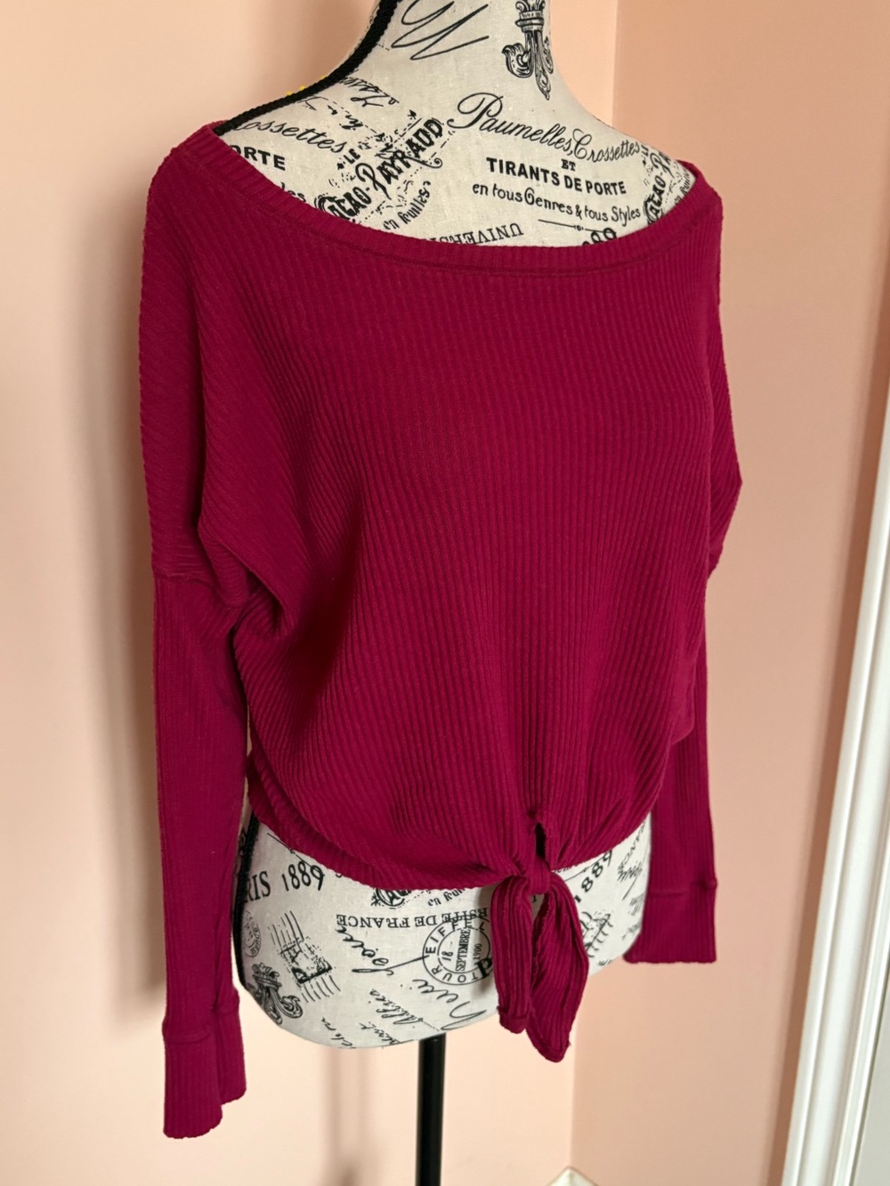 Abercrombie & Fitch Off-Shoulder Raspberry Tie-Front Sweater